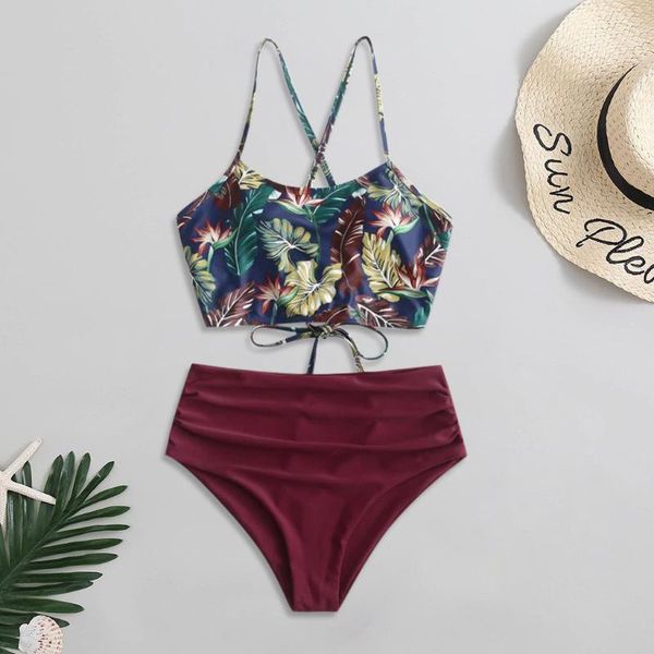 

strap bikini high waist two piece women floral print fashion high waist swimsuit set push-up plus size female swimsuit bathing