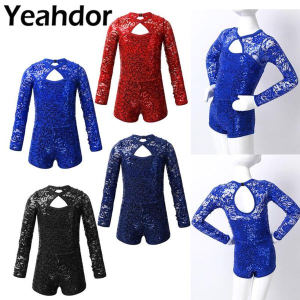 

stage wear kids teens ballet gymnastics leotard sequins jumpsuit biketard girls long sleeves keyhole back dance costume gymnastic, Black;red