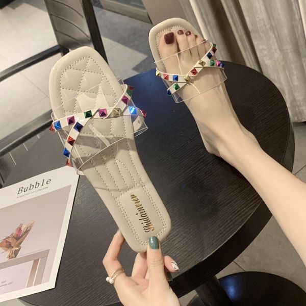 

sandals 2021 summer style slippers women wear rhinestone cross transparent flat bottom net red fashion lazy and, Black