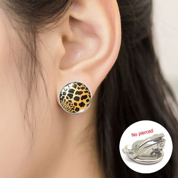 

vintage leopard print style glass dome clip earrings hand craft leopard print jewelry no pierced earrings gifts accessory, Silver