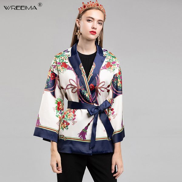 

2019 fashion print slim kimono coat vintage blazer open stitch bow tie belt long sleeve outerwear casual chic, Tan;black