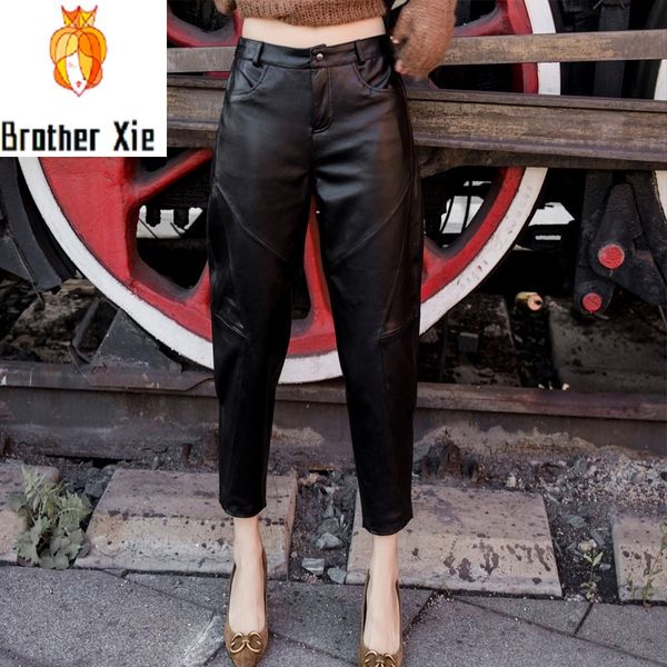 

spring new women loose fit ankle length pants sheepskin pencil pants streetwear trousers ladies casual genuine leather 4xl, Black;white