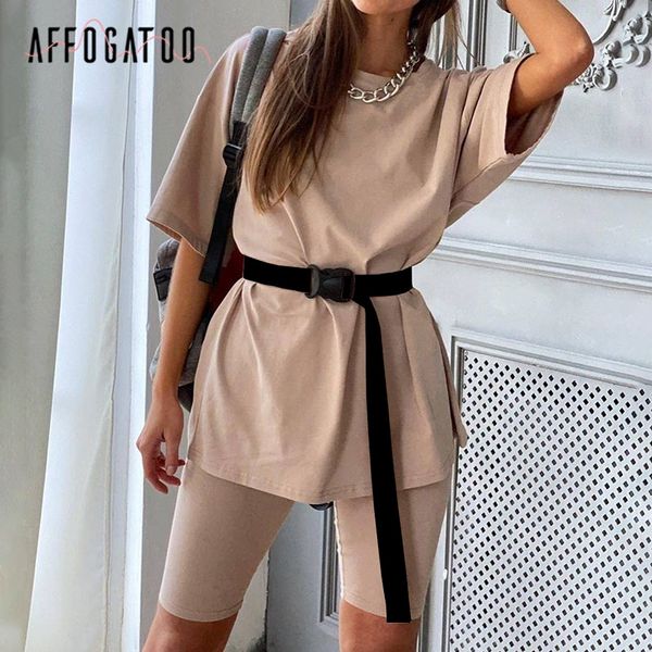 

affogatoo casual solid new women's two piece suit including belt solid color home loose sports fashion leisure suit summer 2020, White