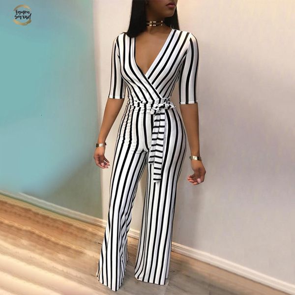 

deep fashion v one piece striped women overalls waist belted wide leg office bodysuit bodycon summer elegant jumpsuit, Black;white