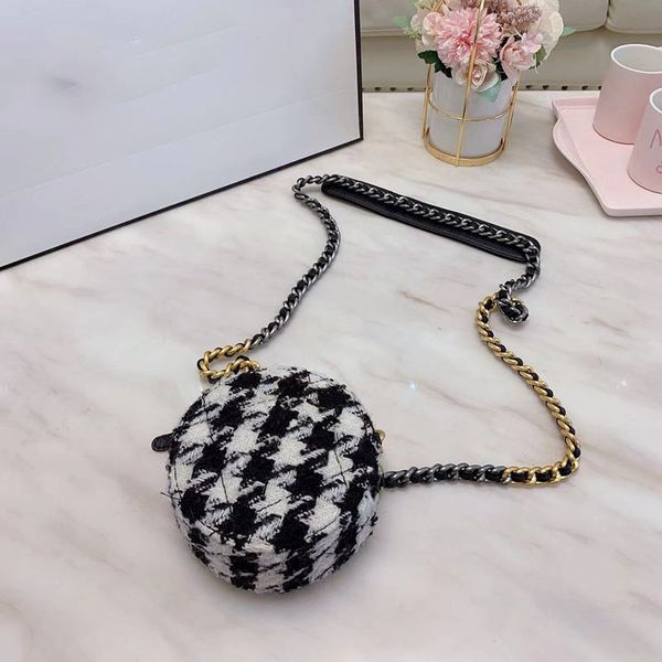 

houndstooth round women mini shoulder bag two-tone chain shoulder strap leather beautiful hardware female chest bag 15 cm green