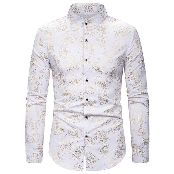 

2019 new style spring and summer men's casual pattern stand collar button long sleeve shirt #3, White;black