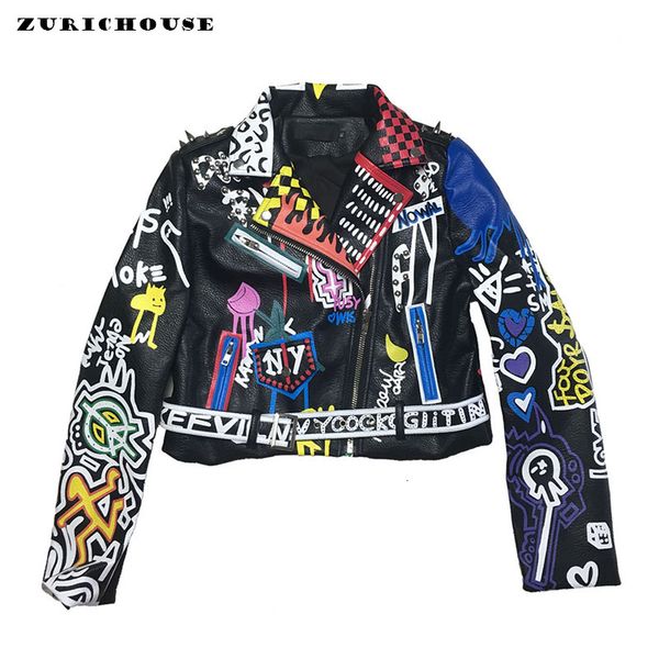 

zurichouse punk leather jacket for women 2020 fashion colorful graffiti rivet faux leather motorcycle biker jackets and coats, Black