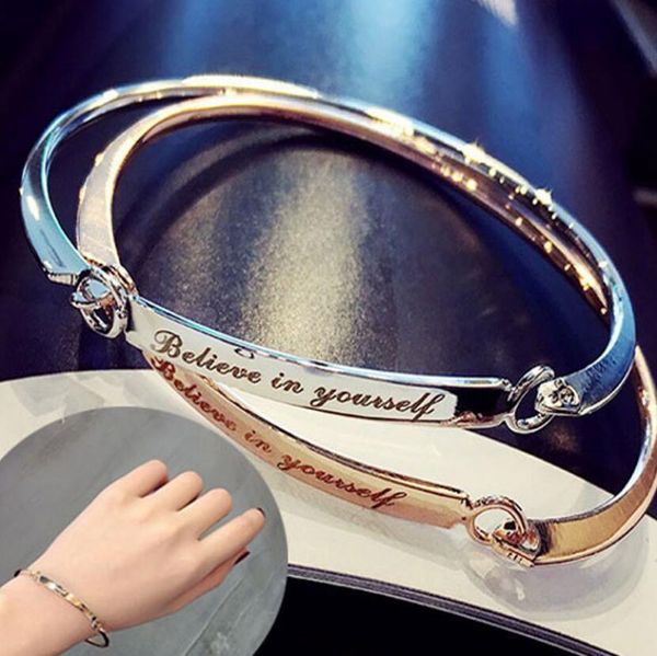 

designer jewelry letters bangles believe in yourself rose gold color bangles for women classic fashion, Black