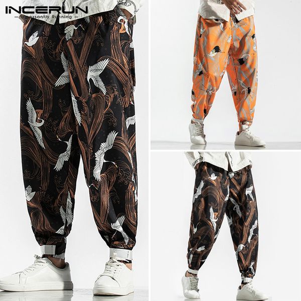 

incerun men retro fashion crane print harem pants baggy mens casual trousers hip-hop joggers street stretch elastic sweatpants, Black