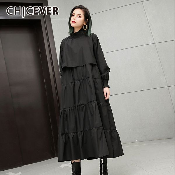 

chicever 2019 осень черное платье для женщин сыпучие большой размер эластичный воротник с длинным рукавом женские платья женские одежда нова, Black;pink