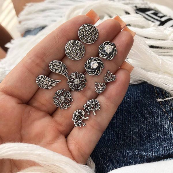 

12 pcs/set women exquisite flowers crystal wings tree round carved silver earrings set party wedding jewelry accessories, Golden;silver