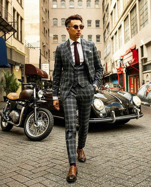 2020 klassische Karo Plaid Männer Hochzeit Anzüge Sommer Strand Zwei Knopf Bräutigam Smoking Herren Hochzeit Prom Blazer 3 Stück