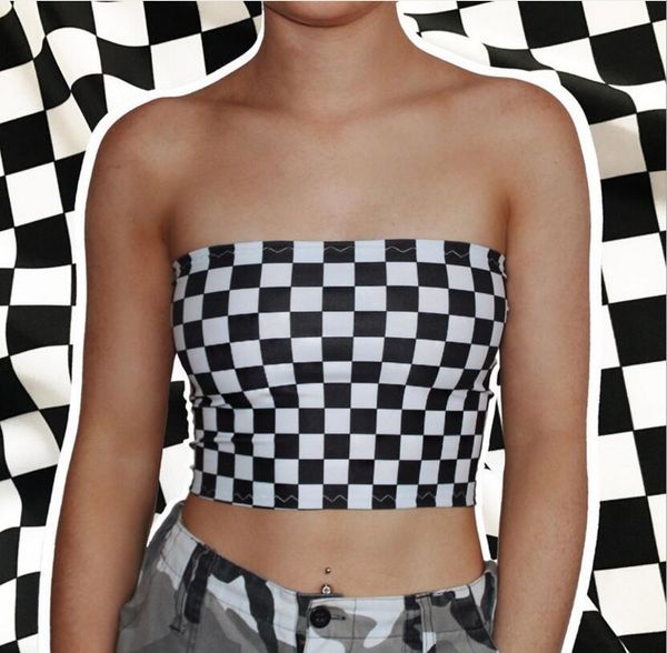 

fashion designer womens wrap chest black and white plaid vest women vest trend hip hop womens designer t shirt, Black;white