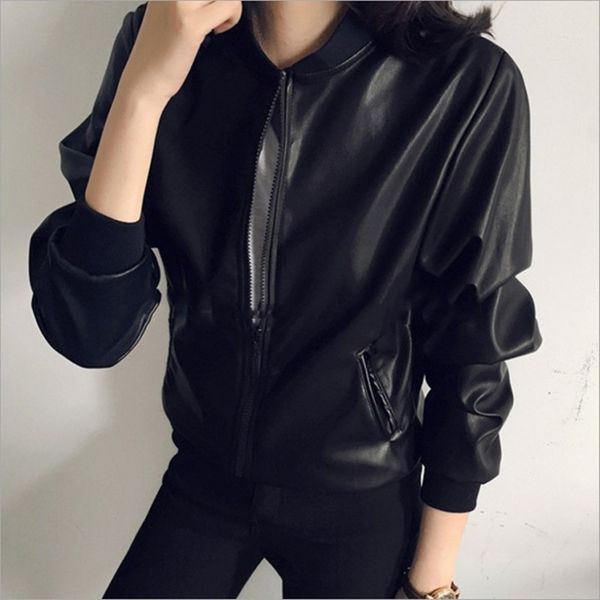 

2019 new simple versatile short slim jacket women's black fashion streetwear casual pu short jacker, Black;brown