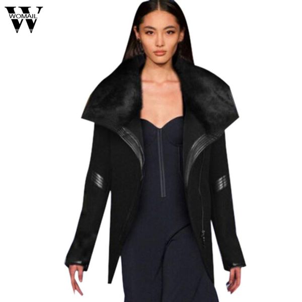 

новый лацкан искусственного меха женщин куртка зима длинная куртка пальто тренч пиджаки женский с длинным рукавом пальто oc27, Black