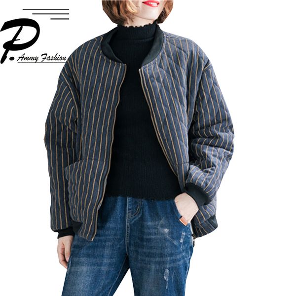 

2019 new warm loose literary striped short cotton coat women's casual cotton suit wild baseball uniform quilted jacket, Black;white
