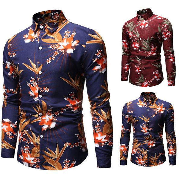 

stylish flower print men's dress shirt 2020 spring autumn new long sleeve shirts for men holiday casual slim fit basic wedding camisa h, White;black