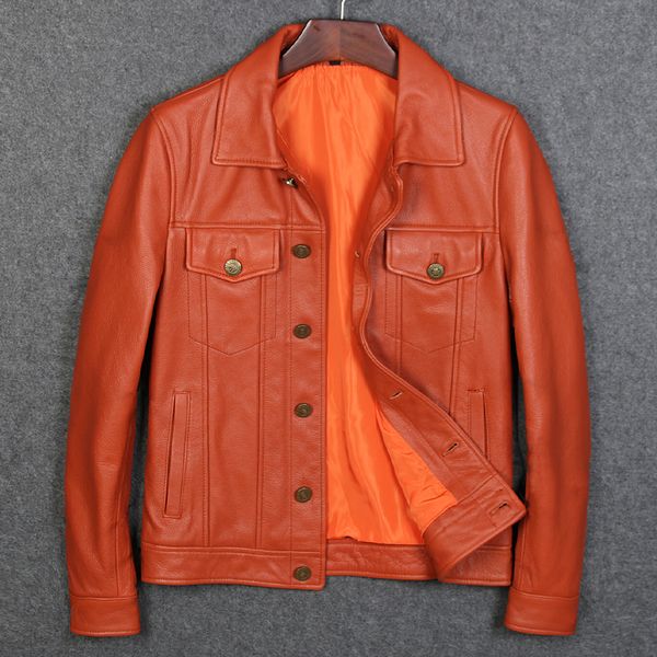 

orange man genuine leather jackets new arrival cow skin casual genuine leather coat for man, Black