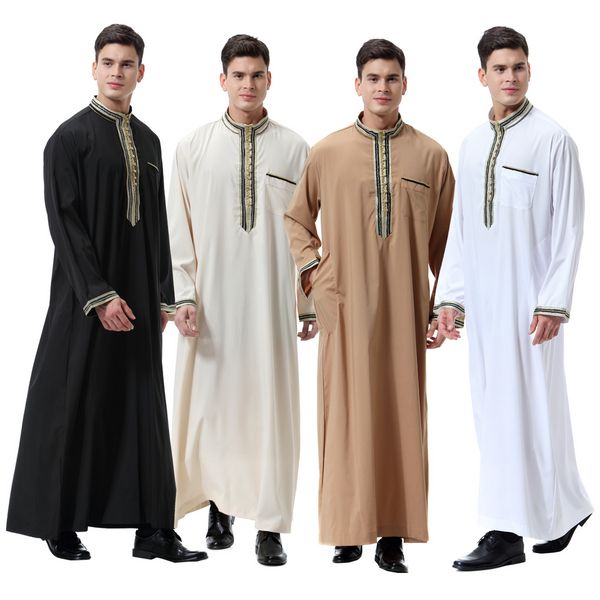 

new fashion men robes muslim clothing long sleeve embroidery arab dubai indian middle east islamic man jubba thobe prayer dress, Red