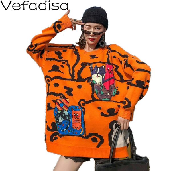 

vefadisa winter sweater woman casual o-neck cartoon print sweater loose woman knitting 2019 qyf843, White;black