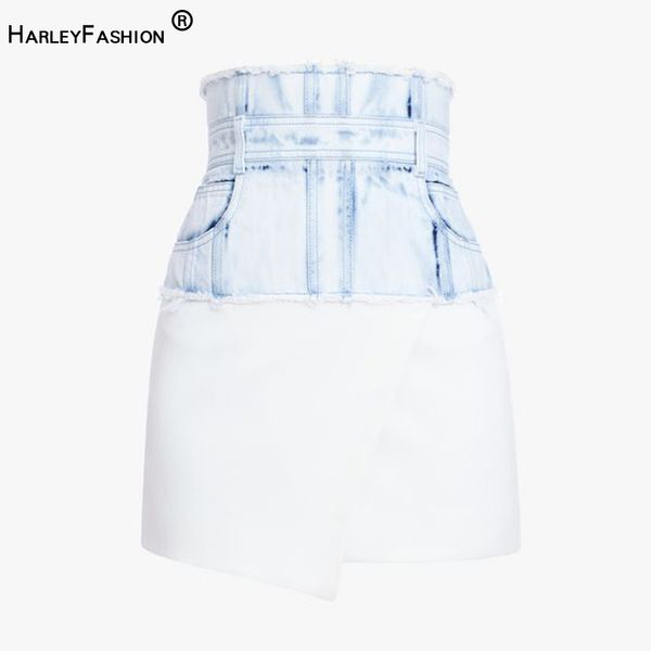 

skirts harleyfashion design european empaire waist denim patchwork quality slim skirt summer casual skinny mini asymmetric saia, Black
