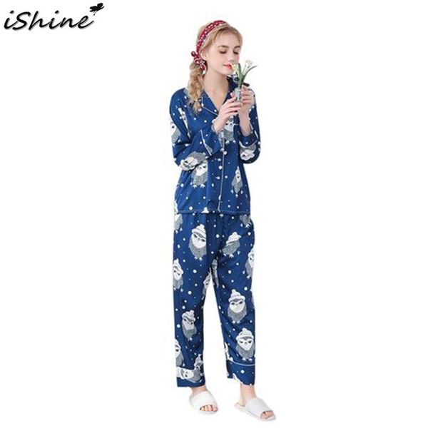 

simulative silk women's pajamas long-sleeved trousers home wear 2-piece suit for spring autumn summer women's pajamas, Blue;gray