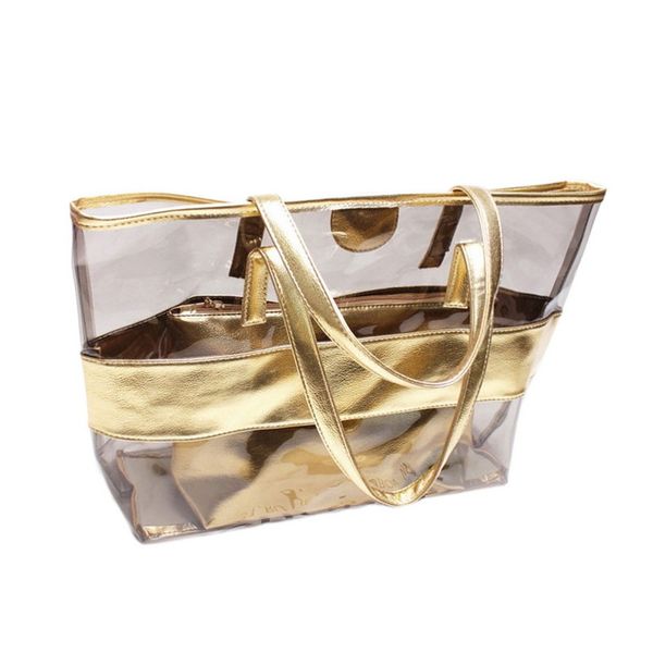 

лето большой прозрачный студень сумка цепи пвх tote плеча дамы сумка очистить 2 шт пластиковые сумки водонепроницаемые женщин пляжные сумки