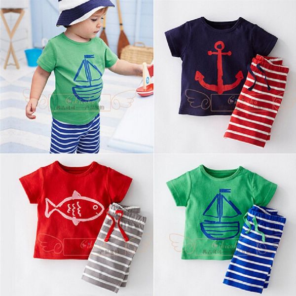 

dt0233 baby boys summer clothing set boat anchor fish striped cotton baby boys clothes set t shirt pant 2pcs suits, White