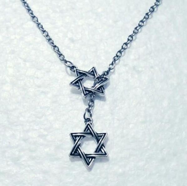 Tantrism Estrela judaica de David Jewelry Presente Antique Prata Hexagrama Charme Duplo Cross Pingente Ajustável Lariat Cadeia Colar 875