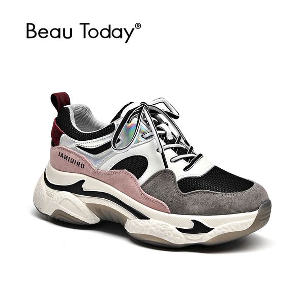 

beautoday chunky sneakers women cow leather fashion dad shoes mesh color clash platform sole handmade 29345, Black