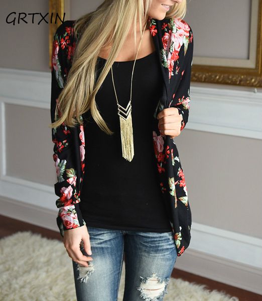 

2018 autumn printing flowers fashion women's coat winter outwear slim blazers jacket tunic, White;black