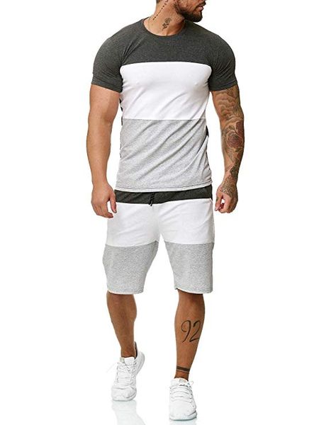 

tracksuits men o-neck fitness large size color matching outdoor jogging casual summer fashion style shorts suits, Gray