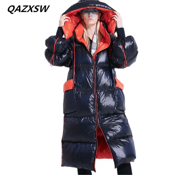 

2018 new women's winter down jacket loose fashion long paragraph over the knee 100% white down warm hooded coat le290, Black