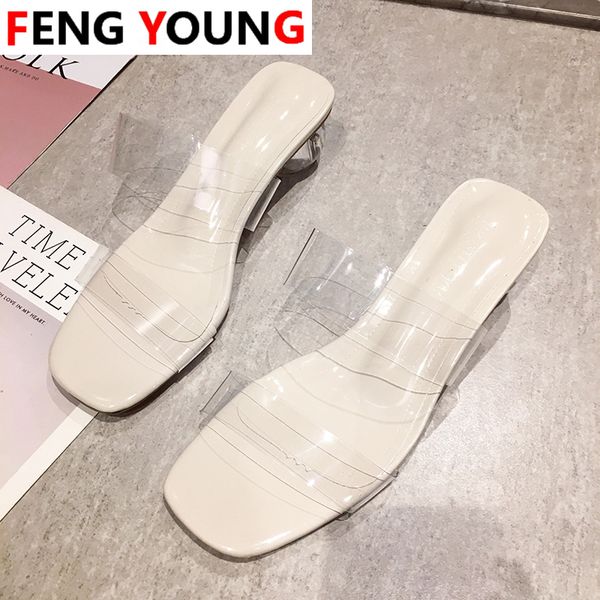 

women summer shoes slippers woman clear round heels high pumps square open toe wedding jelly buty damskie high heels, Black