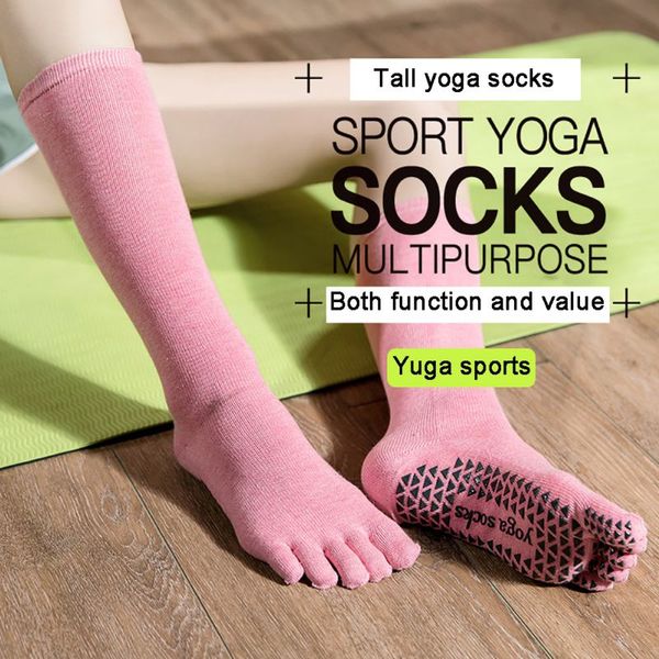 

1pair women silicone fitness cotton non-slip yoga socks knee high sports socks breathable pilates ballet, Black