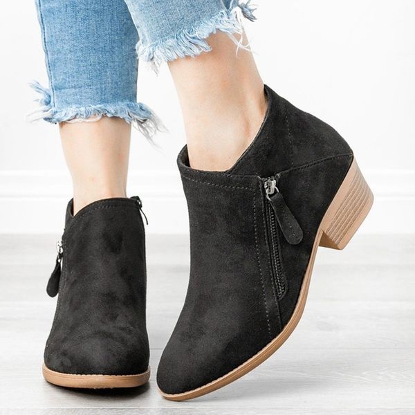 

fashion zipper ankle boots for women round toe square heel platform boots woman shoes non-slip waterproof short chaussures, Black