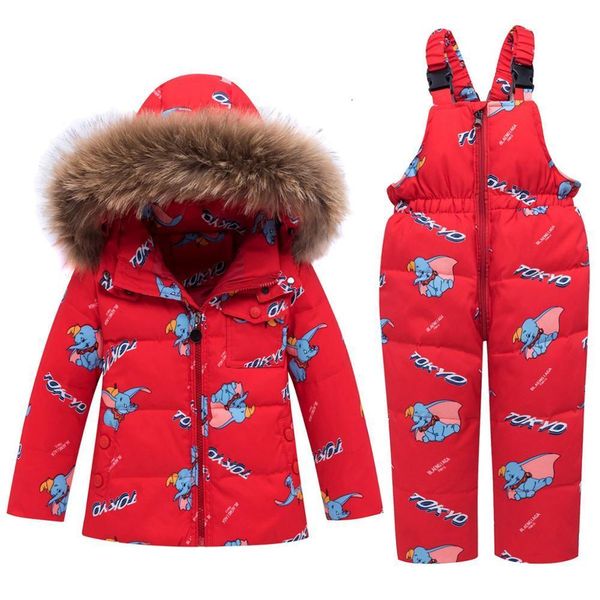 

winter girl down jackets warm elephant print baby girls clothing set snowsuits real fur children outerwear coats+suspender pants, Blue;gray