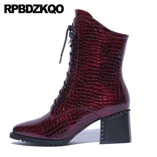 

women wine red pointed toe chunky big size snakeskin snake block plus high heel front lace up casual ankle boots autumn 10 shoes, Black