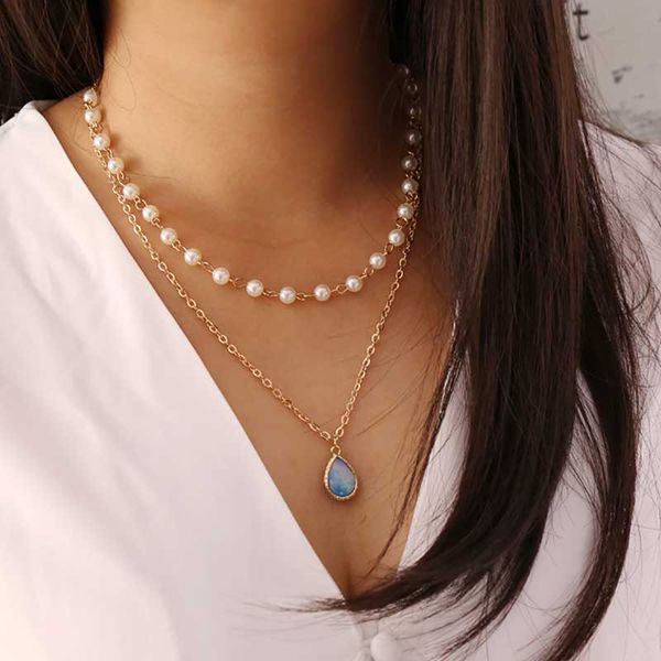 

vienkim boho fashion classic women necklaces water drop pearl pendant clavicle chain necklace set engagement party jewelry gift, Silver