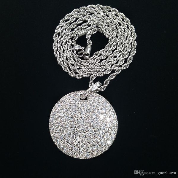 

18k gold plated iced out full cz cubic zirconia round pendant necklace twist chain hip hop rapper punk rock jewelry gifts for men and women, Silver