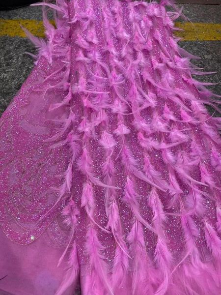 

nice looking glued glitter fabric with feather j-18988 good quality african lace fabric for shinning dress, Pink;blue