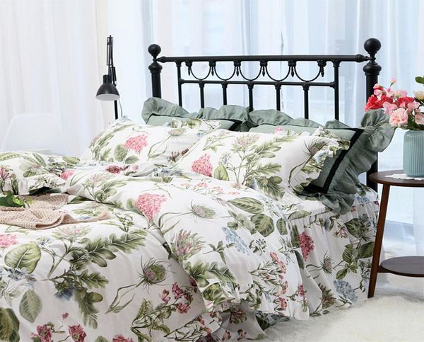 

pastoral green leaf flower bedding set girl,full  king cotton vintage double home textile bedspread pillow case quilt cover