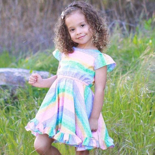 

girls dress summer casual colorful stripes thin party princess dress kids short sleeve stars printed beach sundress new, Red;yellow