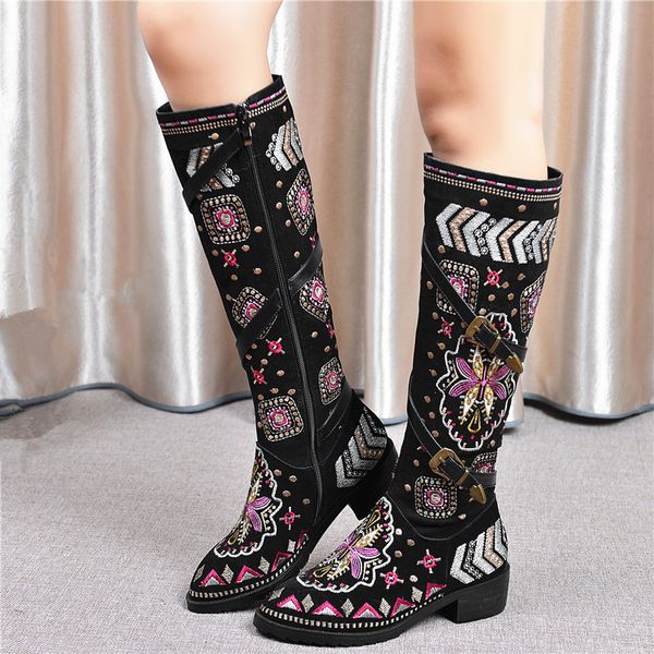 

big size 34-46 new 2020 winter genuine cow leather boots women western bohemia women's boots embroidery knee high female, Black