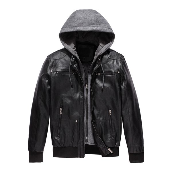 

popular large european and american detachable hat men's pu leather hoodie hooded coat and plush leather jacket man, Black