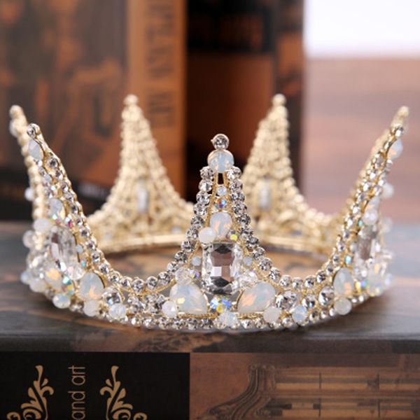 

vintage gold round crystal queen crown tiara bridal head jewelry headpiece handmade wedding hair jewelry accessories ornaments, Golden;white