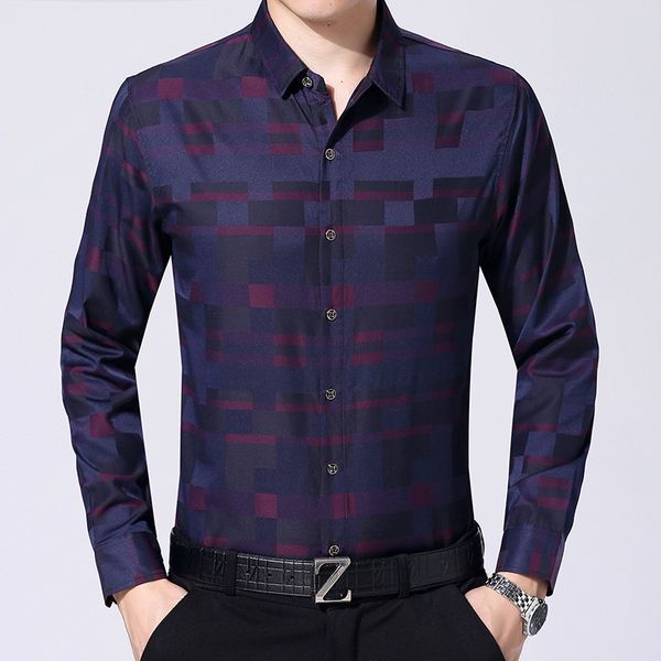 

quality gradient plaid men dress down shirt mens business casual striped slim fit shirts clothing long sleeve camisa masculina, White;black