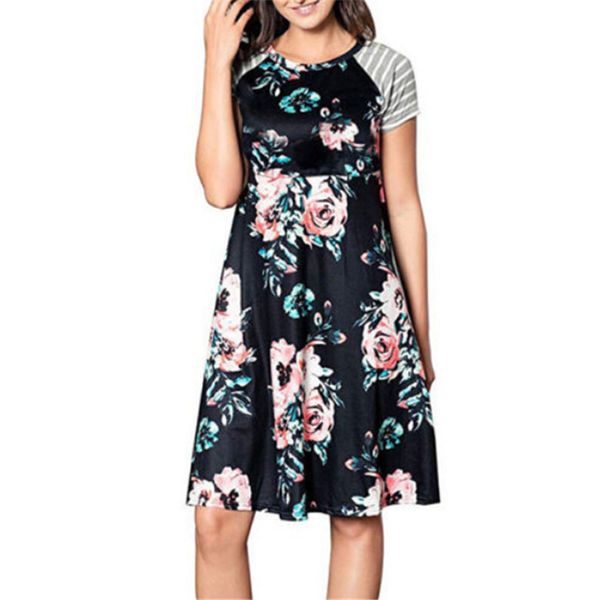 

women floral printed summer dress maternity pregnancy dress nursing breastfeeding bodycon short sleeve striped dresses, Black;gray