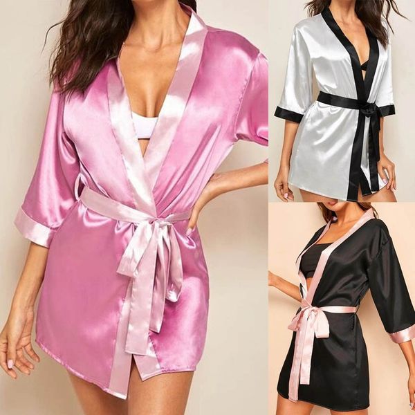 

pajamas sleepwear robe new women silk long sleeve satin pajamas robe with belt bathrobe plus size robe #zer, Black;red