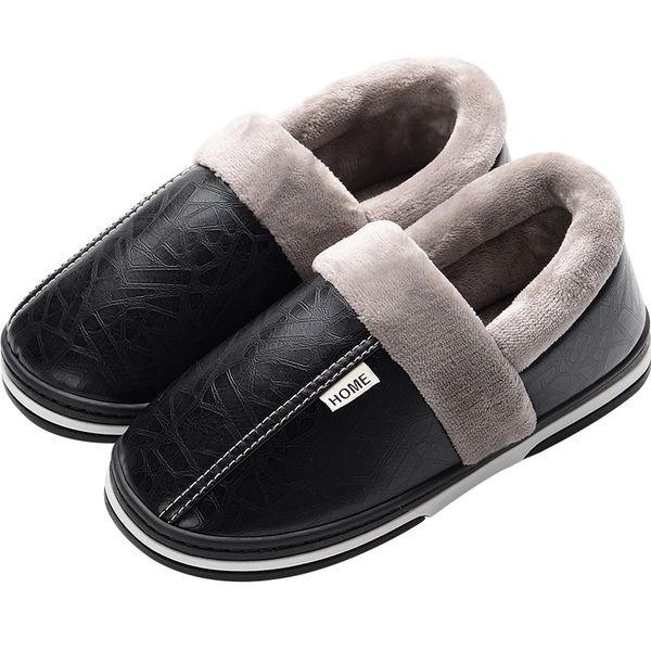 

leather slippers mens winter home indoor waterproof non slip cotton slippers womens pu leather thick bottom couple winter, Black